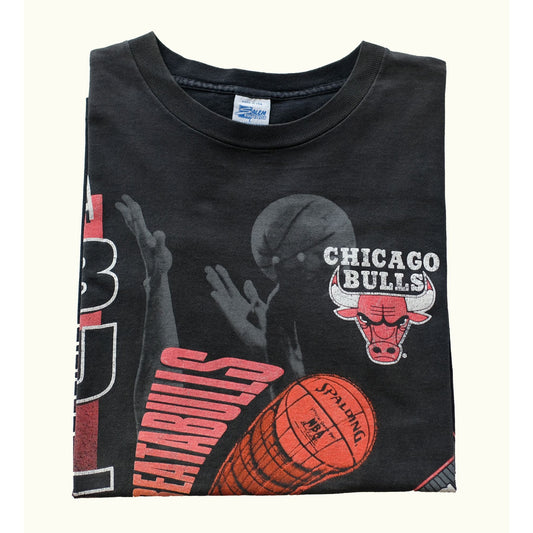 1990s 1991 VINTAGE USA AOP NBA CHICAGO BULLS SALEM BLACK T SHIRT : SZ L