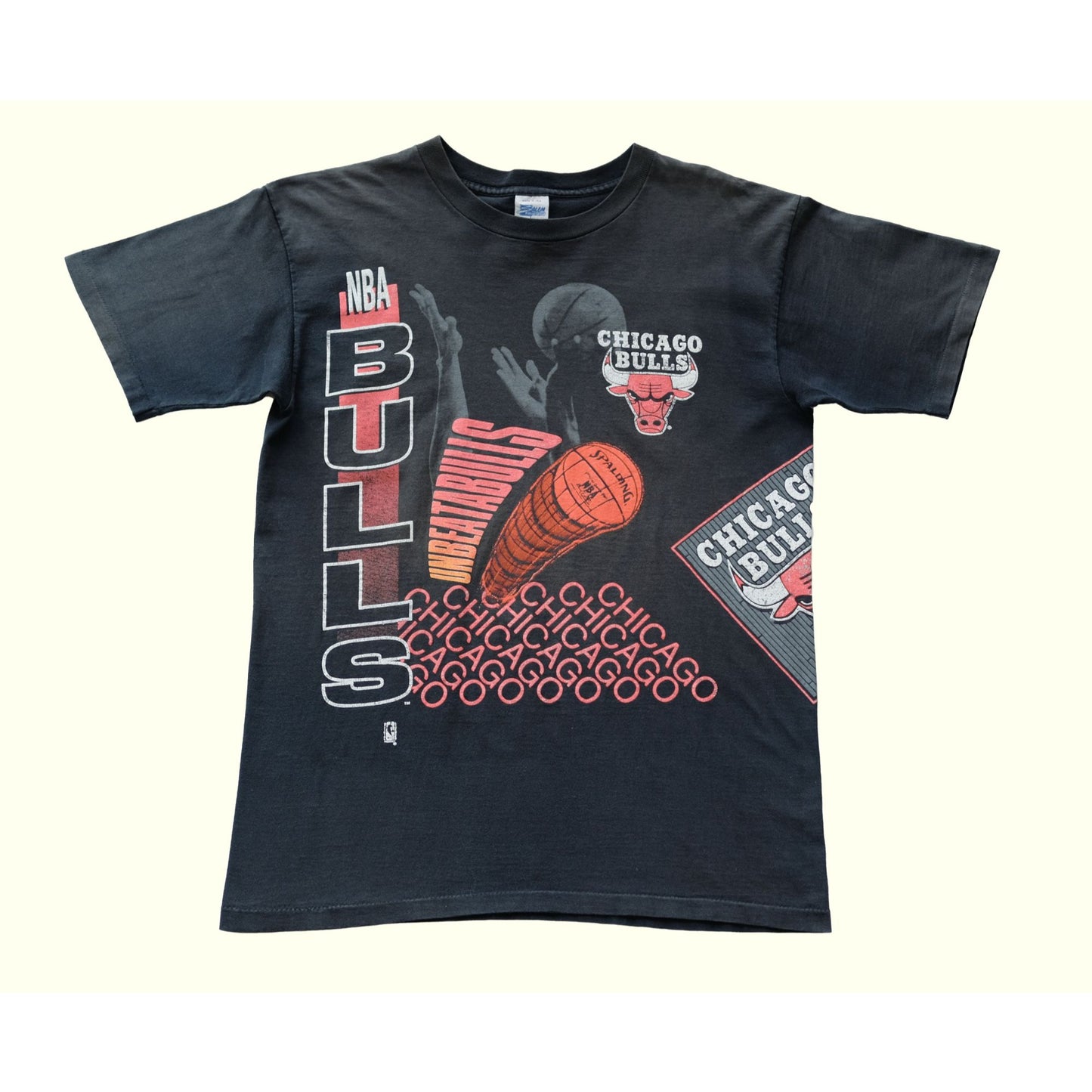 1990s 1991 VINTAGE USA AOP NBA CHICAGO BULLS SALEM BLACK T SHIRT : SZ L